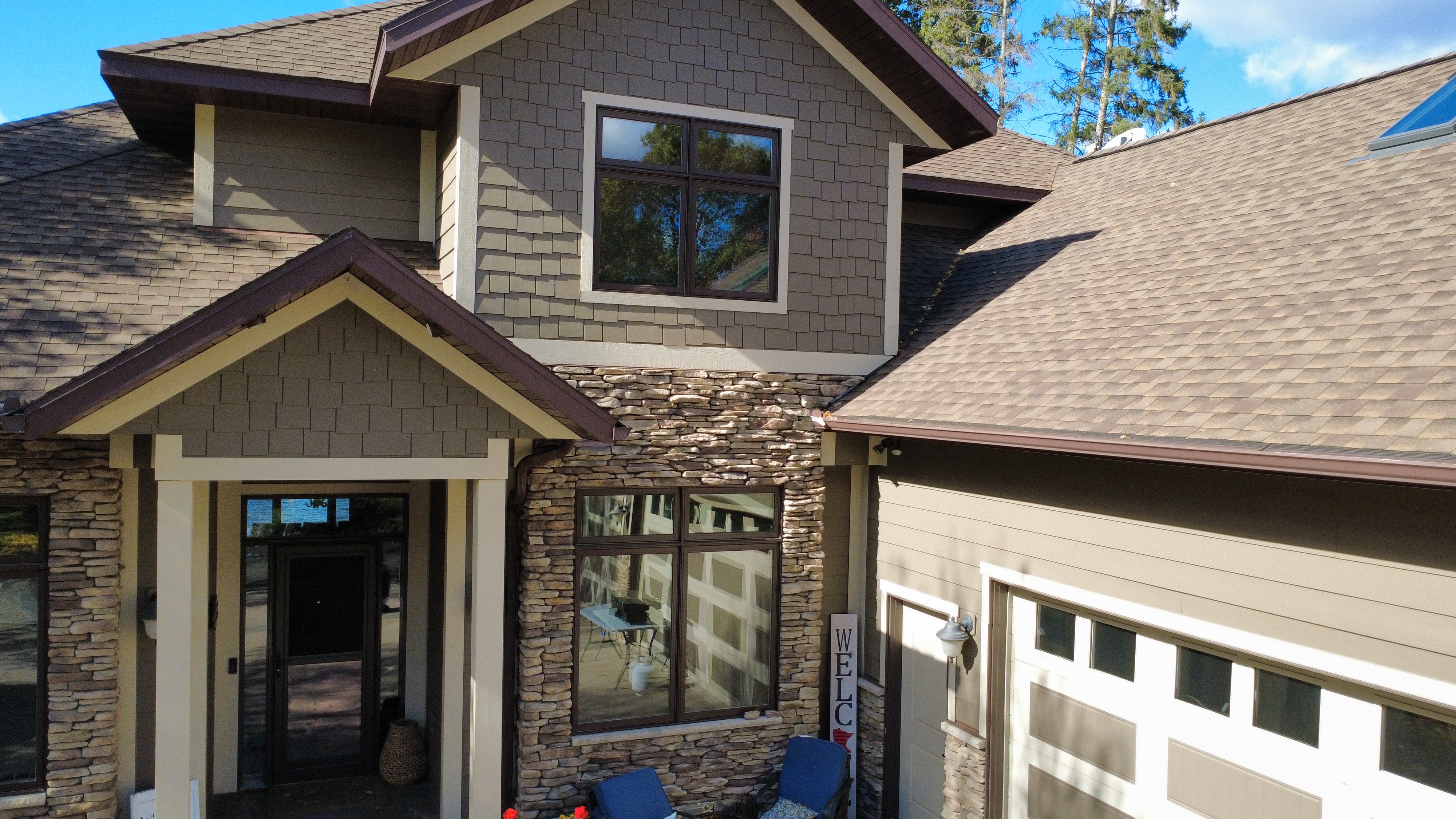 Aerial of a home during a roof replacement